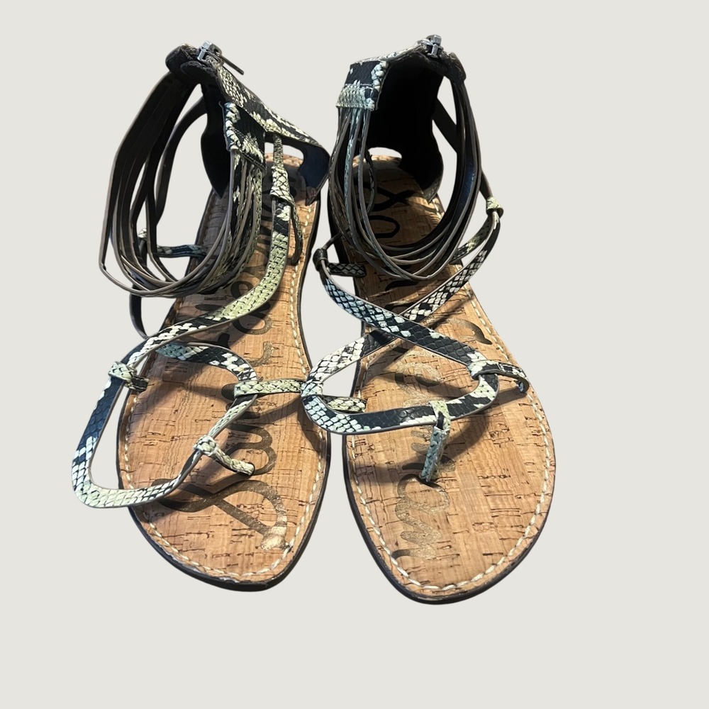 Sam Edelman Women's 9.5 Gladiator Sandals Black Snakeskin Print Wrap Ankle Zip